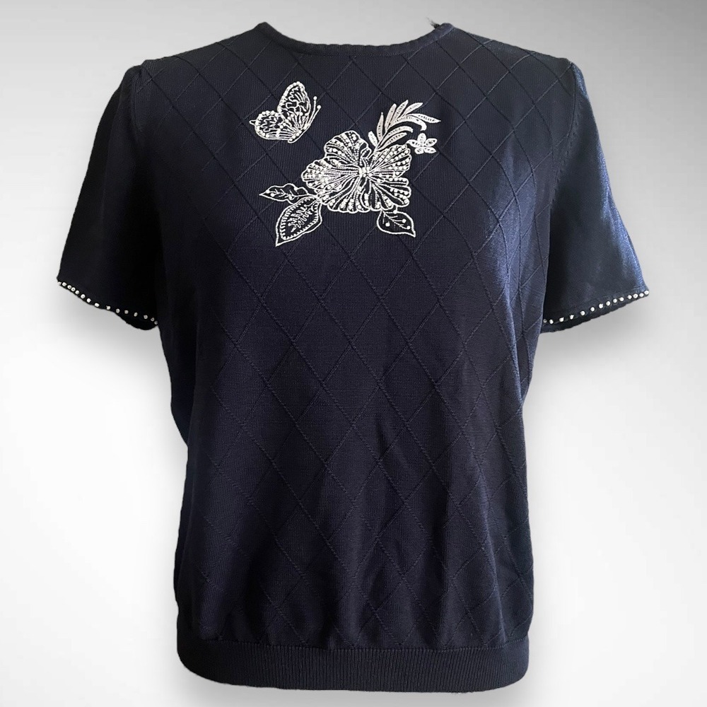ALFRED DUNNER  Navy Short Sleeve Sweater White Floral Butterfly Embroidery | EUC